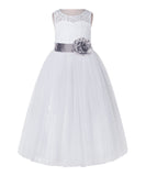 White Lace Flower Girl Dress Keyhole Back with Colored Sash for Junior Bridesmaid Toddlers 178T(3)