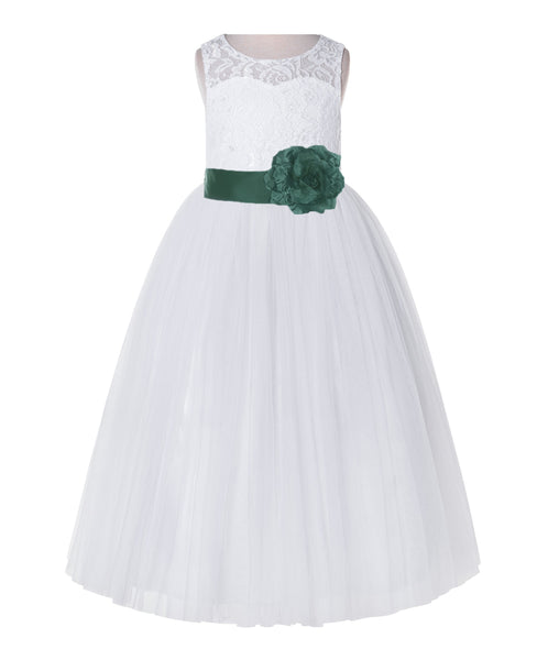 White Lace Flower Girl Dress Keyhole Back with Colored Sash for Junior Bridesmaid Toddlers 178T(1)