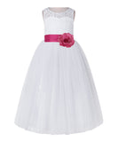 White Lace Flower Girl Dress Keyhole Back with Colored Sash for Junior Bridesmaid Toddlers 178T(3)