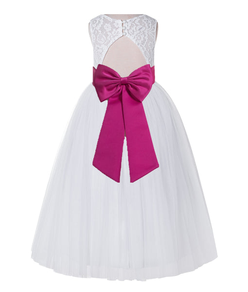 White Lace Flower Girl Dress Keyhole Back with Colored Sash for Junior Bridesmaid Toddlers 178T(3)