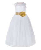 White Lace Flower Girl Dress Keyhole Back with Colored Sash for Junior Bridesmaid Toddlers 178T(1)