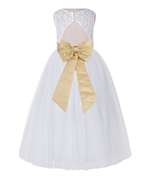 White Lace Flower Girl Dress Keyhole Back with Colored Sash for Junior Bridesmaid Toddlers 178T(1)