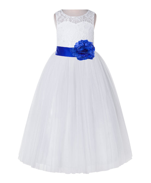 White Lace Flower Girl Dress Keyhole Back with Colored Sash for Junior Bridesmaid Toddlers 178T(3)