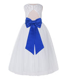 White Lace Flower Girl Dress Keyhole Back with Colored Sash for Junior Bridesmaid Toddlers 178T(3)