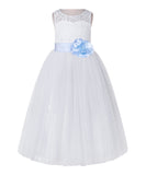 White Lace Flower Girl Dress Keyhole Back with Colored Sash for Junior Bridesmaid Toddlers 178T(3)