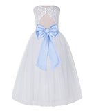 White Lace Flower Girl Dress Keyhole Back with Colored Sash for Junior Bridesmaid Toddlers 178T(3)