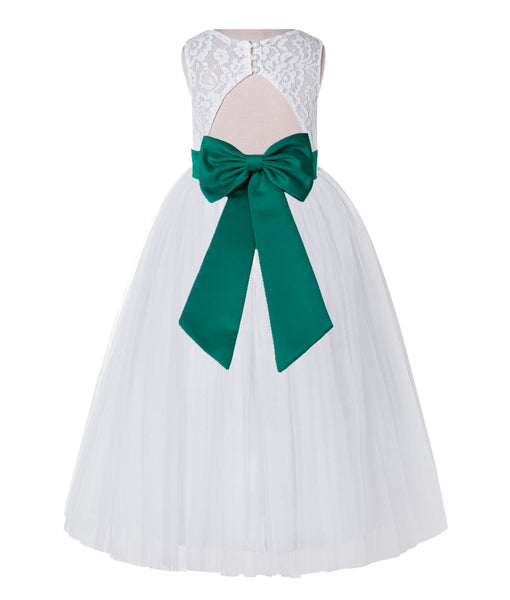 White Lace Flower Girl Dress Keyhole Back with Colored Sash for Junior Bridesmaid Toddlers 178T(1)