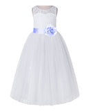 White Lace Flower Girl Dress Keyhole Back with Colored Sash for Junior Bridesmaid Toddlers 178T(2)