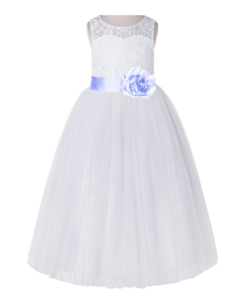 White Lace Flower Girl Dress Keyhole Back with Colored Sash for Junior Bridesmaid Toddlers 178T(2)