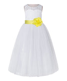 White Lace Flower Girl Dress Keyhole Back with Colored Sash for Junior Bridesmaid Toddlers 178T(3)