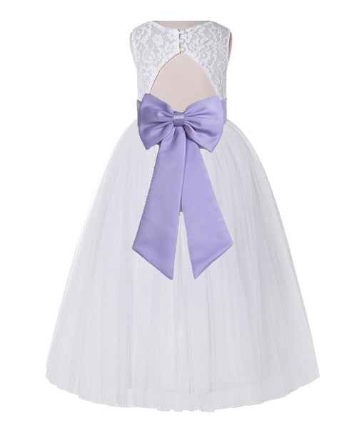 White Lace Flower Girl Dress Keyhole Back with Colored Sash for Junior Bridesmaid Toddlers 178T(4)