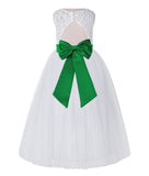 White Lace Flower Girl Dress Keyhole Back with Colored Sash for Junior Bridesmaid Toddlers 178T(2)