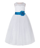 White Lace Flower Girl Dress Keyhole Back with Colored Sash for Junior Bridesmaid Toddlers 178T(4)