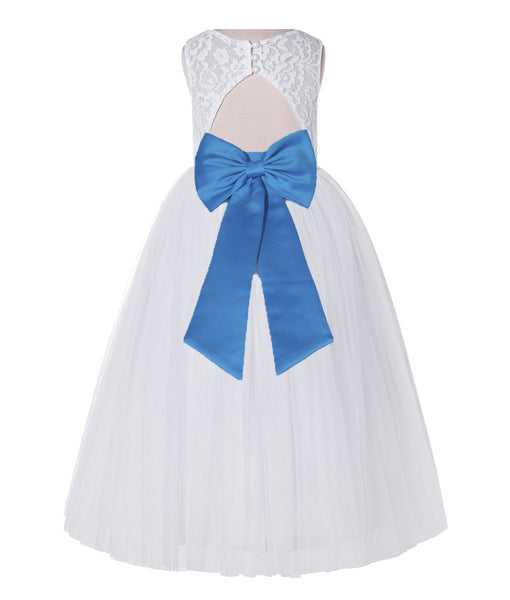 White Lace Flower Girl Dress Keyhole Back with Colored Sash for Junior Bridesmaid Toddlers 178T(4)