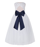 White Lace Flower Girl Dress Keyhole Back with Colored Sash for Junior Bridesmaid Toddlers 178T(1)