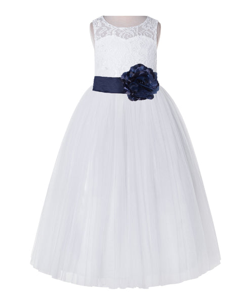 White Lace Flower Girl Dress Keyhole Back with Colored Sash for Junior Bridesmaid Toddlers 178T(1)