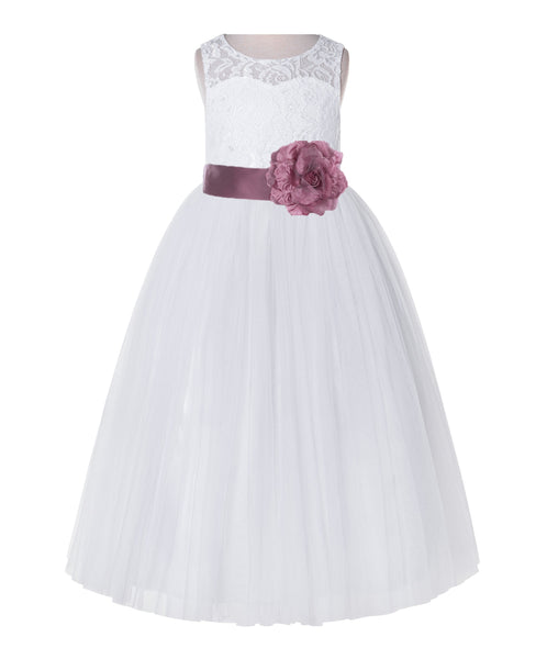 White Lace Flower Girl Dress Keyhole Back with Colored Sash for Junior Bridesmaid Toddlers 178T(2)