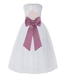 White Lace Flower Girl Dress Keyhole Back with Colored Sash for Junior Bridesmaid Toddlers 178T(2)