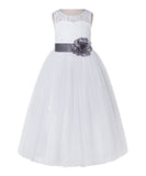 White Lace Flower Girl Dress Keyhole Back with Colored Sash for Junior Bridesmaid Toddlers 178T(4)