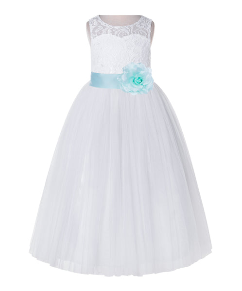 White Lace Flower Girl Dress Keyhole Back with Colored Sash for Junior Bridesmaid Toddlers 178T(2)