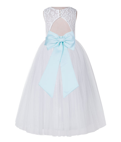 White Lace Flower Girl Dress Keyhole Back with Colored Sash for Junior Bridesmaid Toddlers 178T(2)