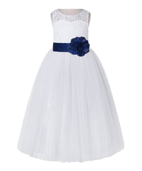 White Lace Flower Girl Dress Keyhole Back with Colored Sash for Junior Bridesmaid Toddlers 178T(4)