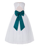 White Lace Flower Girl Dress Keyhole Back with Colored Sash for Junior Bridesmaid Toddlers 178T(4)