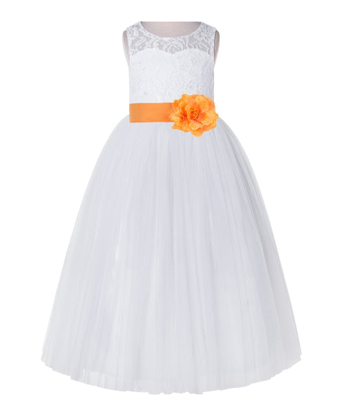 White Lace Flower Girl Dress Keyhole Back with Colored Sash for Junior Bridesmaid Toddlers 178T(1)