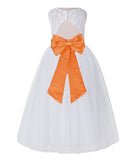 White Lace Flower Girl Dress Keyhole Back with Colored Sash for Junior Bridesmaid Toddlers 178T(1)