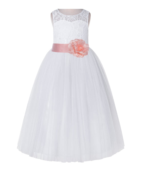 White Lace Flower Girl Dress Keyhole Back with Colored Sash for Junior Bridesmaid Toddlers 178T(3)