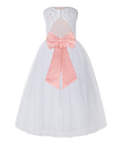 White Lace Flower Girl Dress Keyhole Back with Colored Sash for Junior Bridesmaid Toddlers 178T(3)