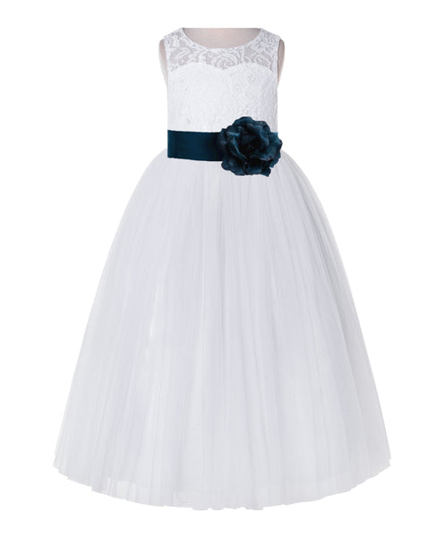 White Lace Flower Girl Dress Keyhole Back with Colored Sash for Junior Bridesmaid Toddlers 178T(2)