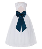 White Lace Flower Girl Dress Keyhole Back with Colored Sash for Junior Bridesmaid Toddlers 178T(2)