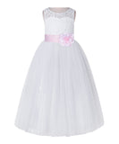 White Lace Flower Girl Dress Keyhole Back with Colored Sash for Junior Bridesmaid Toddlers 178T(4)