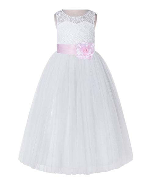 White Lace Flower Girl Dress Keyhole Back with Colored Sash for Junior Bridesmaid Toddlers 178T(4)