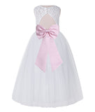 White Lace Flower Girl Dress Keyhole Back with Colored Sash for Junior Bridesmaid Toddlers 178T(4)