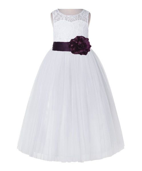 White Lace Flower Girl Dress Keyhole Back with Colored Sash for Junior Bridesmaid Toddlers 178T(1)