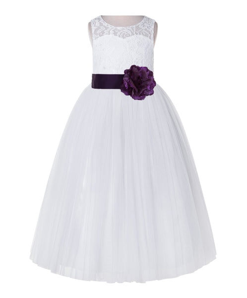 White Lace Flower Girl Dress Keyhole Back with Colored Sash for Junior Bridesmaid Toddlers 178T(4)