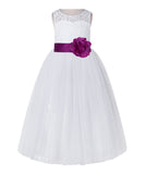 White Lace Flower Girl Dress Keyhole Back with Colored Sash for Junior Bridesmaid Toddlers 178T(4)