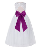 White Lace Flower Girl Dress Keyhole Back with Colored Sash for Junior Bridesmaid Toddlers 178T(4)