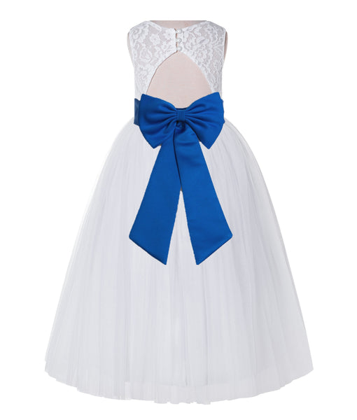 White Lace Flower Girl Dress Keyhole Back with Colored Sash for Junior Bridesmaid Toddlers 178T(2)