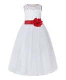 White Lace Flower Girl Dress Keyhole Back with Colored Sash for Junior Bridesmaid Toddlers 178T(4)