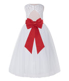 White Lace Flower Girl Dress Keyhole Back with Colored Sash for Junior Bridesmaid Toddlers 178T(4)