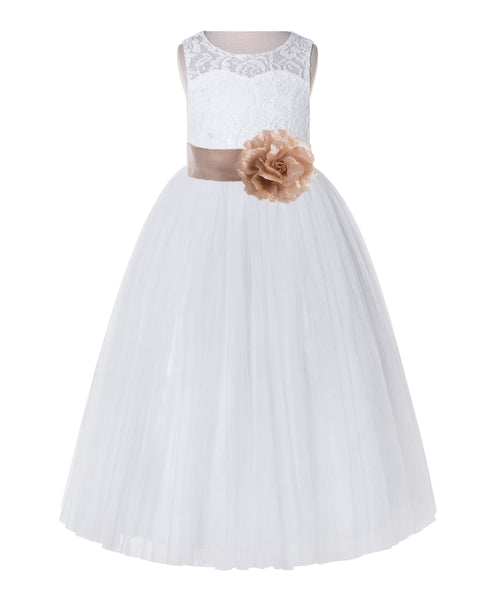 White Lace Flower Girl Dress Keyhole Back with Colored Sash for Junior Bridesmaid Toddlers 178T(1)