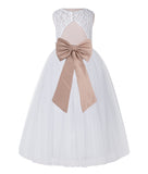 White Lace Flower Girl Dress Keyhole Back with Colored Sash for Junior Bridesmaid Toddlers 178T(1)