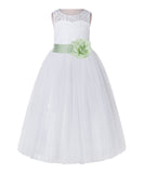 White Lace Flower Girl Dress Keyhole Back with Colored Sash for Junior Bridesmaid Toddlers 178T(4)