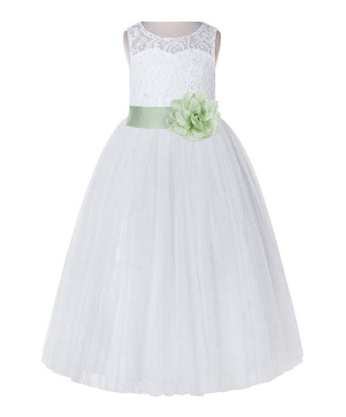 White Lace Flower Girl Dress Keyhole Back with Colored Sash for Junior Bridesmaid Toddlers 178T(4)