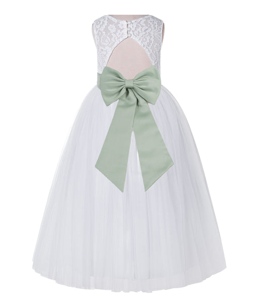 White Lace Flower Girl Dress Keyhole Back with Colored Sash for Junior Bridesmaid Toddlers 178T(4)