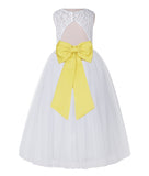 White Lace Flower Girl Dress Keyhole Back with Colored Sash for Junior Bridesmaid Toddlers 178T(2)