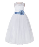 White Lace Flower Girl Dress Keyhole Back with Colored Sash for Junior Bridesmaid Toddlers 178T(1)